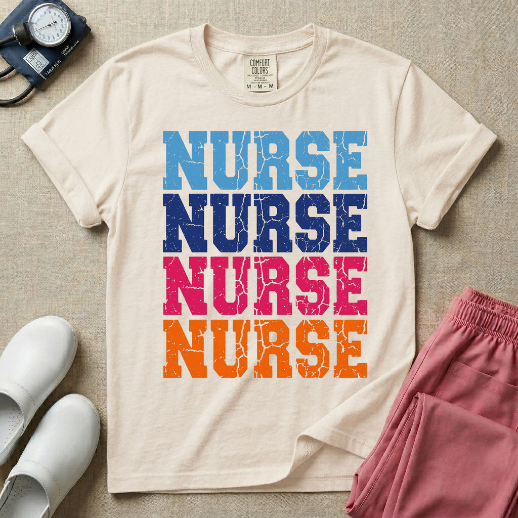A t-shirt featuring the word NURSE repeated four times in a stacked vertical layout with a distressed, vintage texture in blue, navy, pink, and orange colors.