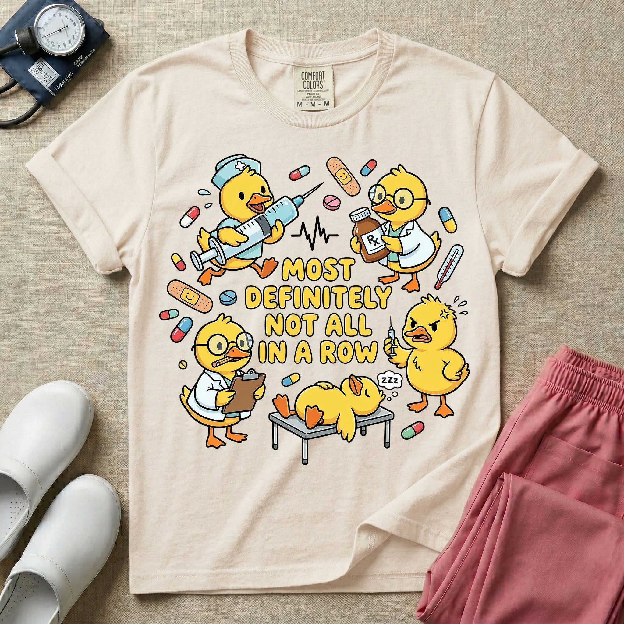 General nursing t-shirt featuring a chaotic group of cartoon ducklings dressed as medical professionals with the text "MOST DEFINITELY NOT ALL IN A ROW" on a sage green garment, in ivory color.