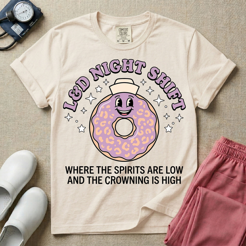 Labor and Delivery L&D night shift nurse t-shirt with a funny retro donut graphic where the spirits are low and the crowning is high in ivory color.