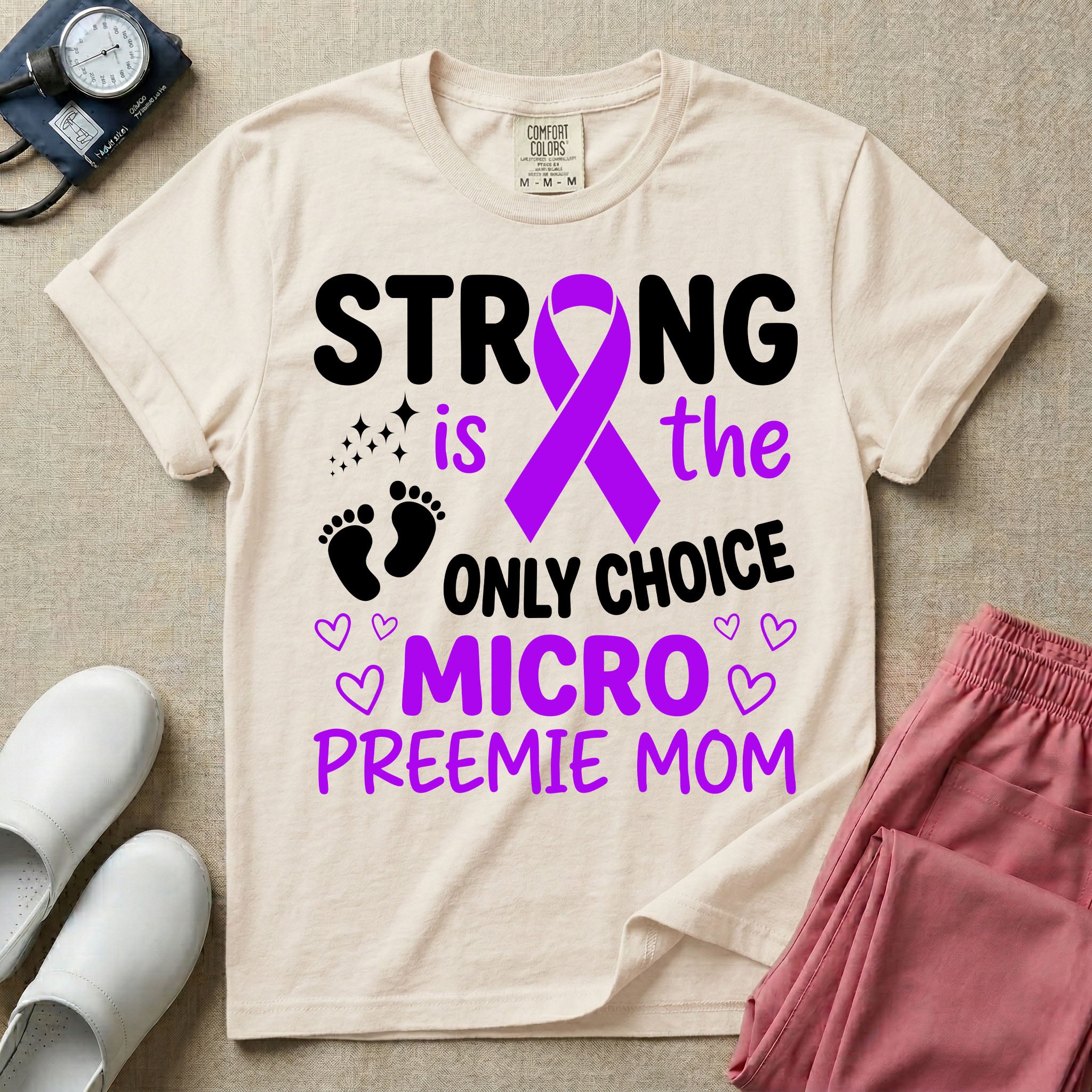 A graphic for the Neonatal Intensive Care Unit featuring the text 'STRONG is the ONLY CHOICE' stacked above 'MICRO PREEMIE MOM', incorporating a large purple awareness ribbon, tiny baby footprints, and small purple outline hearts.