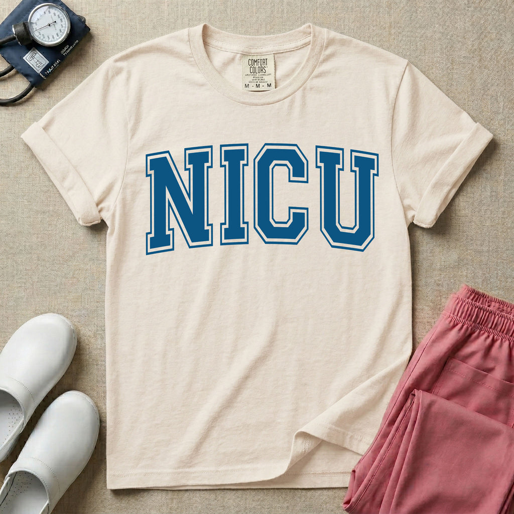 A minimalist graphic for the Neonatal Intensive Care Unit featuring the word 'NICU' printed in large, white, collegiate-style block letters across the chest.