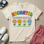 A retro-style graphic for a Neonatal Intensive Care Unit featuring the text 'NEONATAL' in colorful, arched bubbly letters above 'INTENSIVE CARE UNIT' and a row of four smiling daisy flowers.