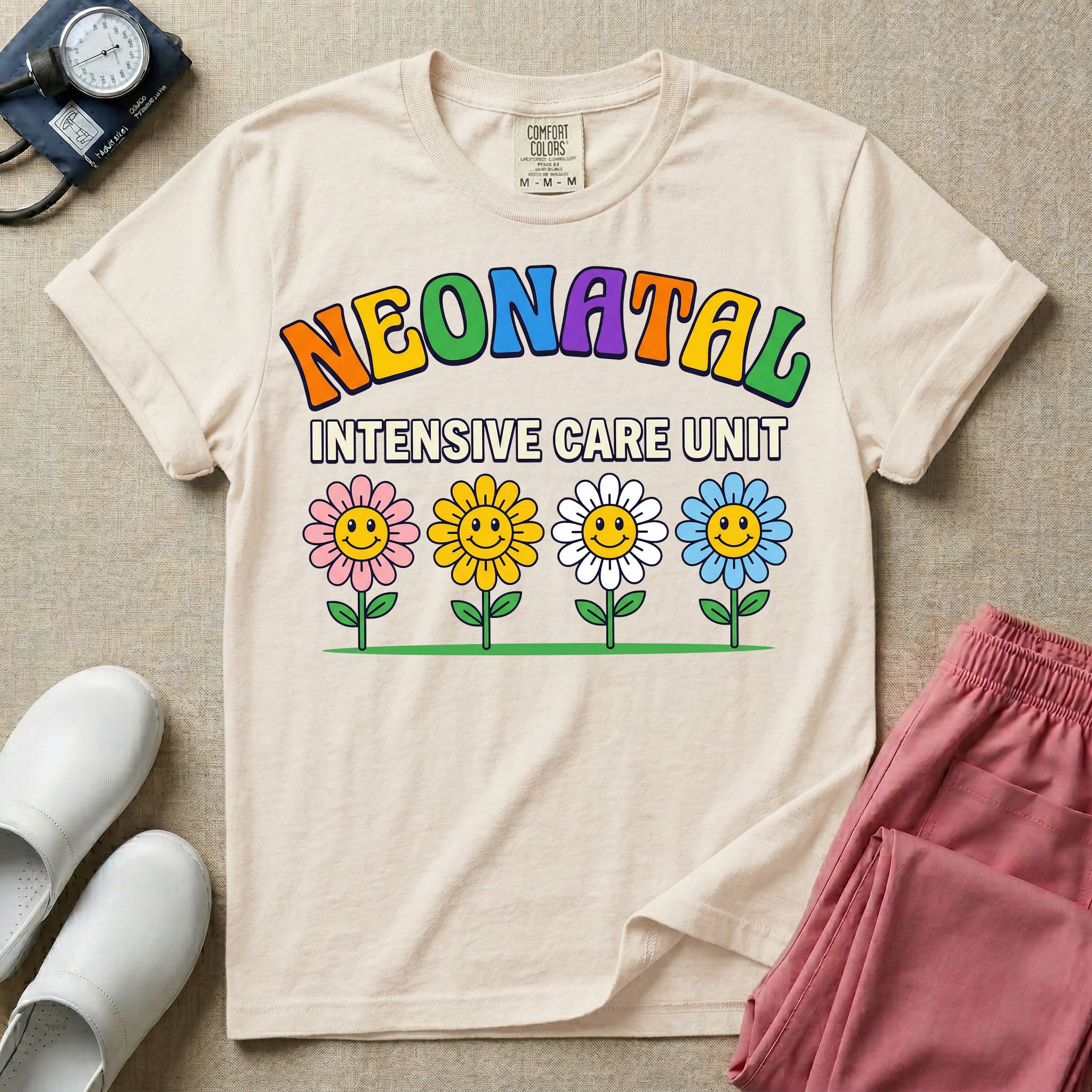 A retro-style graphic for a Neonatal Intensive Care Unit featuring the text 'NEONATAL' in colorful, arched bubbly letters above 'INTENSIVE CARE UNIT' and a row of four smiling daisy flowers.