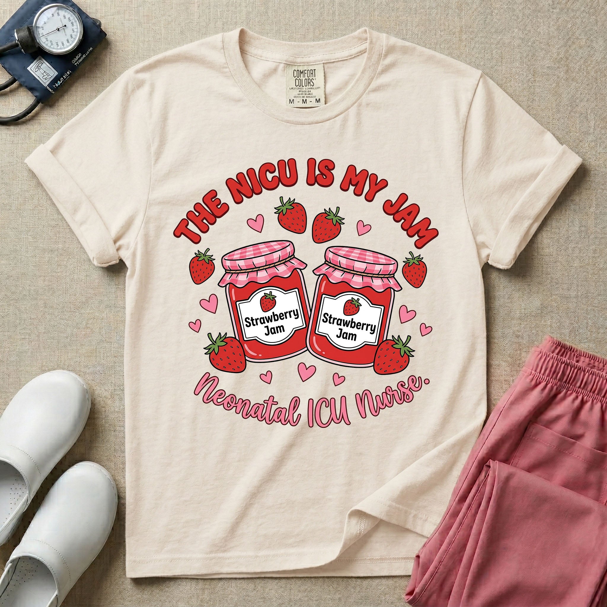 A t-shirt featuring two jars of strawberry jam surrounded by small hearts and strawberries with the text THE NICU IS MY JAM arched above and Neonatal ICU Nurse written in a retro script below.