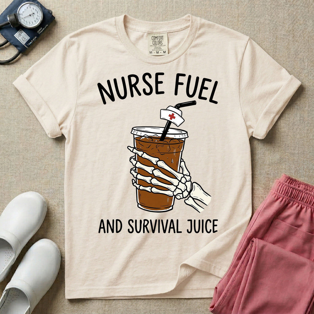General nursing t-shirt featuring a graphic of a skeleton hand holding an iced coffee cup with a nurse cap on the straw and the text "NURSE FUEL AND SURVIVAL JUICE"
