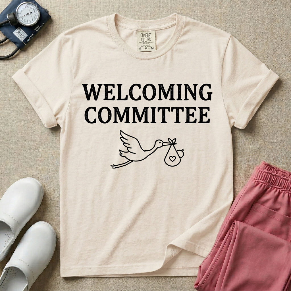 Labor and Delivery nurse graphic featuring a simple white outline of a flying stork carrying a baby bundle with a heart, placed below the text WELCOMING COMMITTEE.