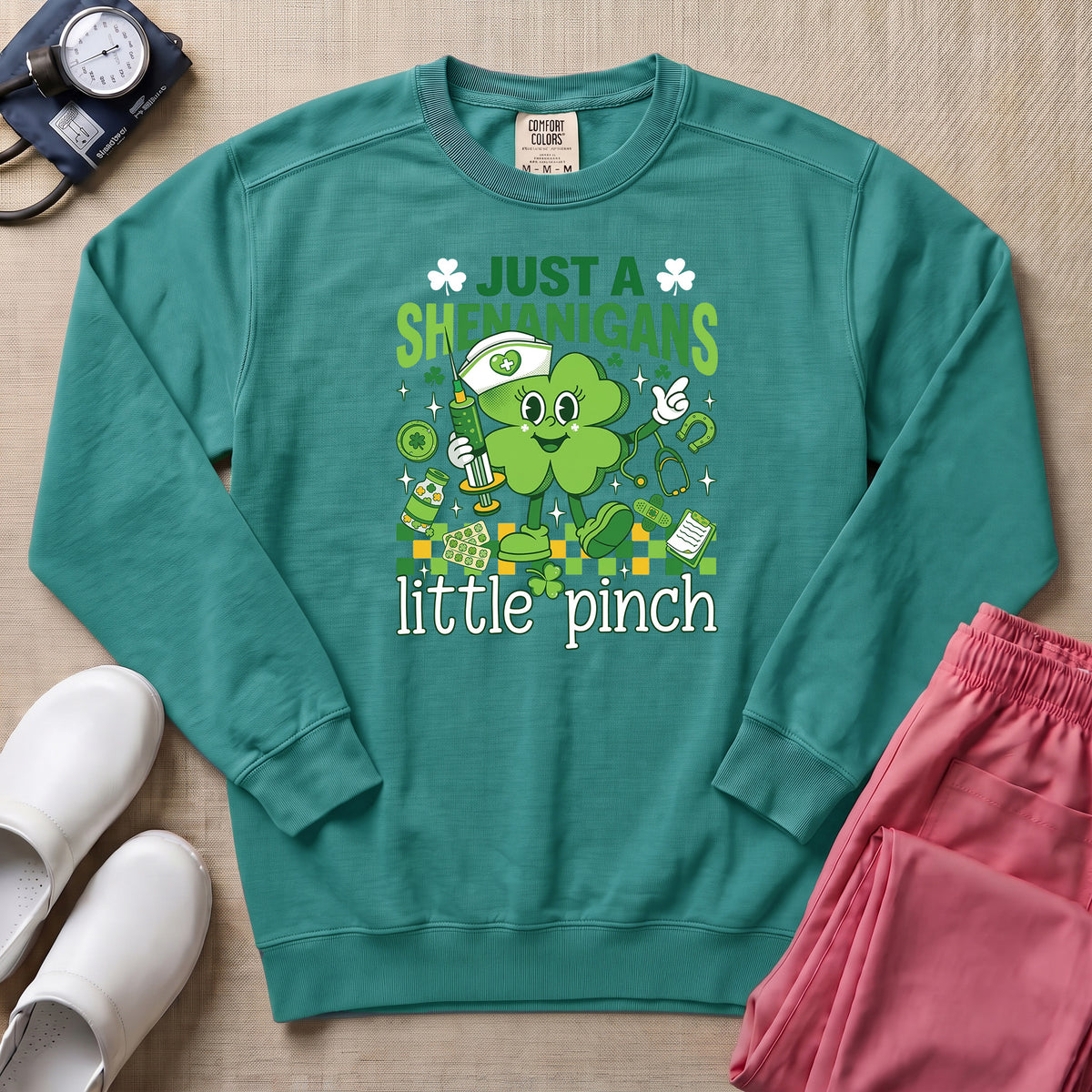 Funny Retro St. Patrick's Day Little Pinch Nurse Sweatshirt - Seafoam Comfort Colors Sweatshirt | HugTee