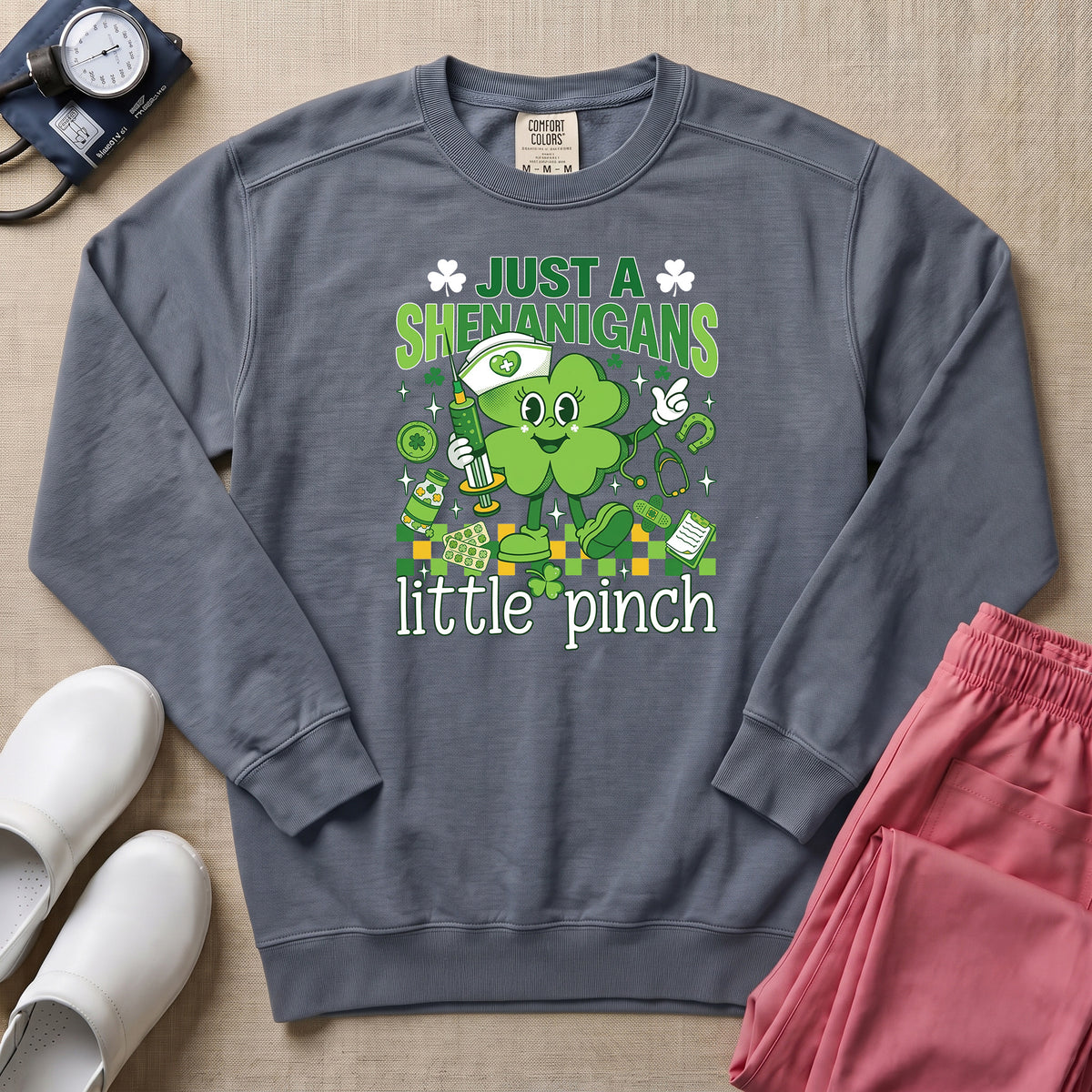 Funny Retro St. Patrick's Day Little Pinch Nurse Sweatshirt - Blue Jean Comfort Colors Sweatshirt | HugTee