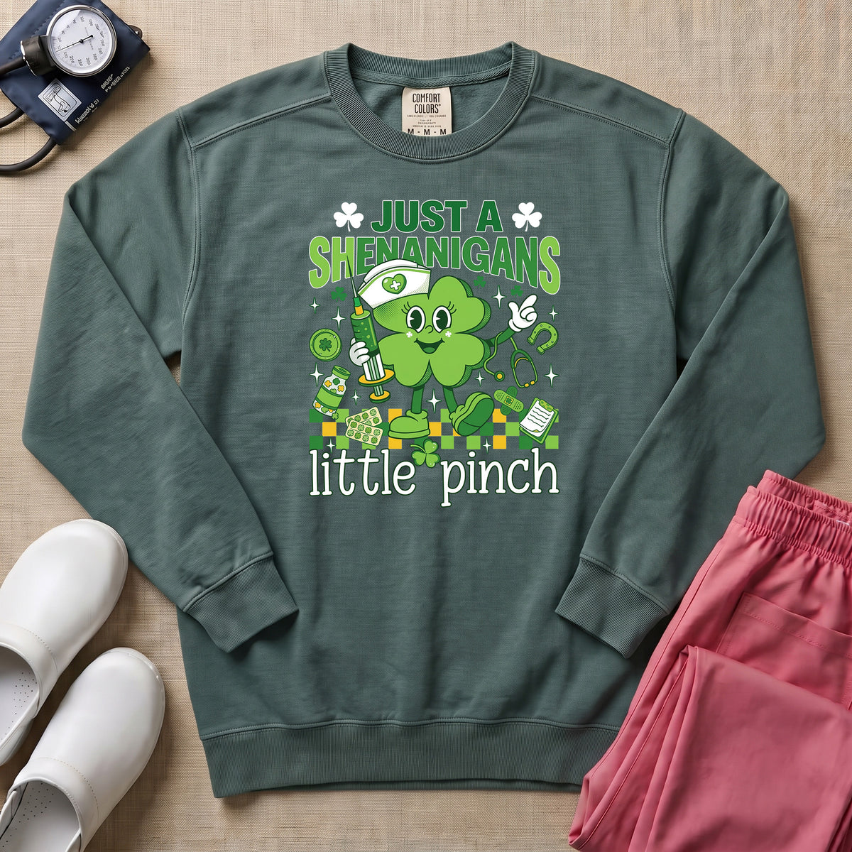 Funny Retro St. Patrick's Day Little Pinch Nurse Sweatshirt - Blue Spruce Comfort Colors Sweatshirt | HugTee