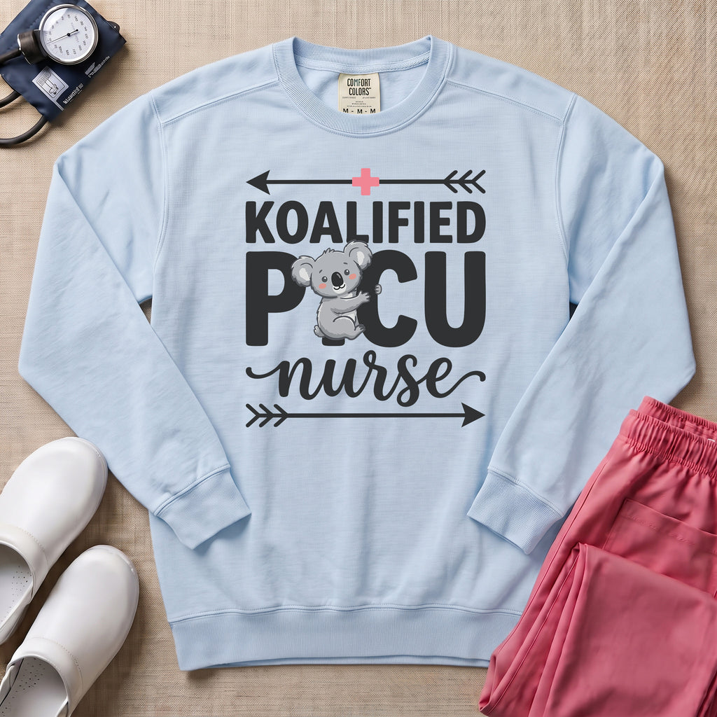 Koalified PICU Nurse Funny Sweatshirt - Chambray Comfort Colors Sweatshirt | HugTee