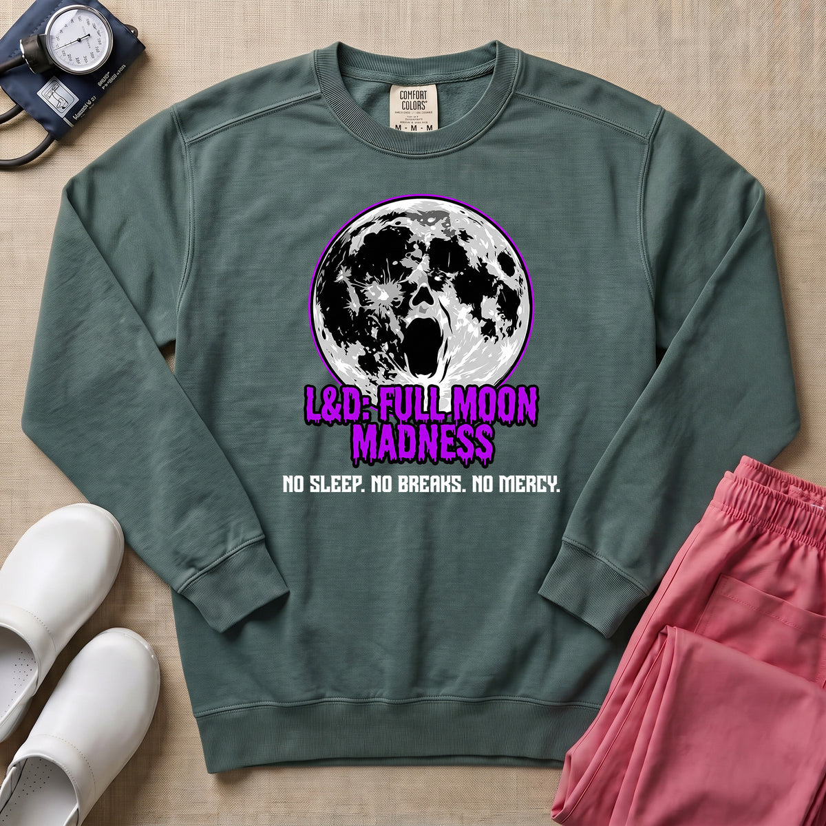 L&D Full Moon Madness Night Shift Nurse Sweatshirt - Blue Spruce Comfort Colors Sweatshirt | HugTee