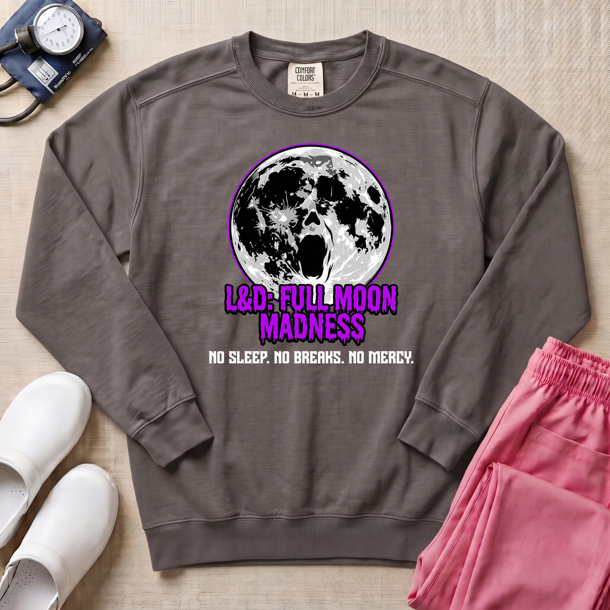 L&D Full Moon Madness Night Shift Nurse Sweatshirt - Pepper Lifestyle Hero Mockup | HugTee