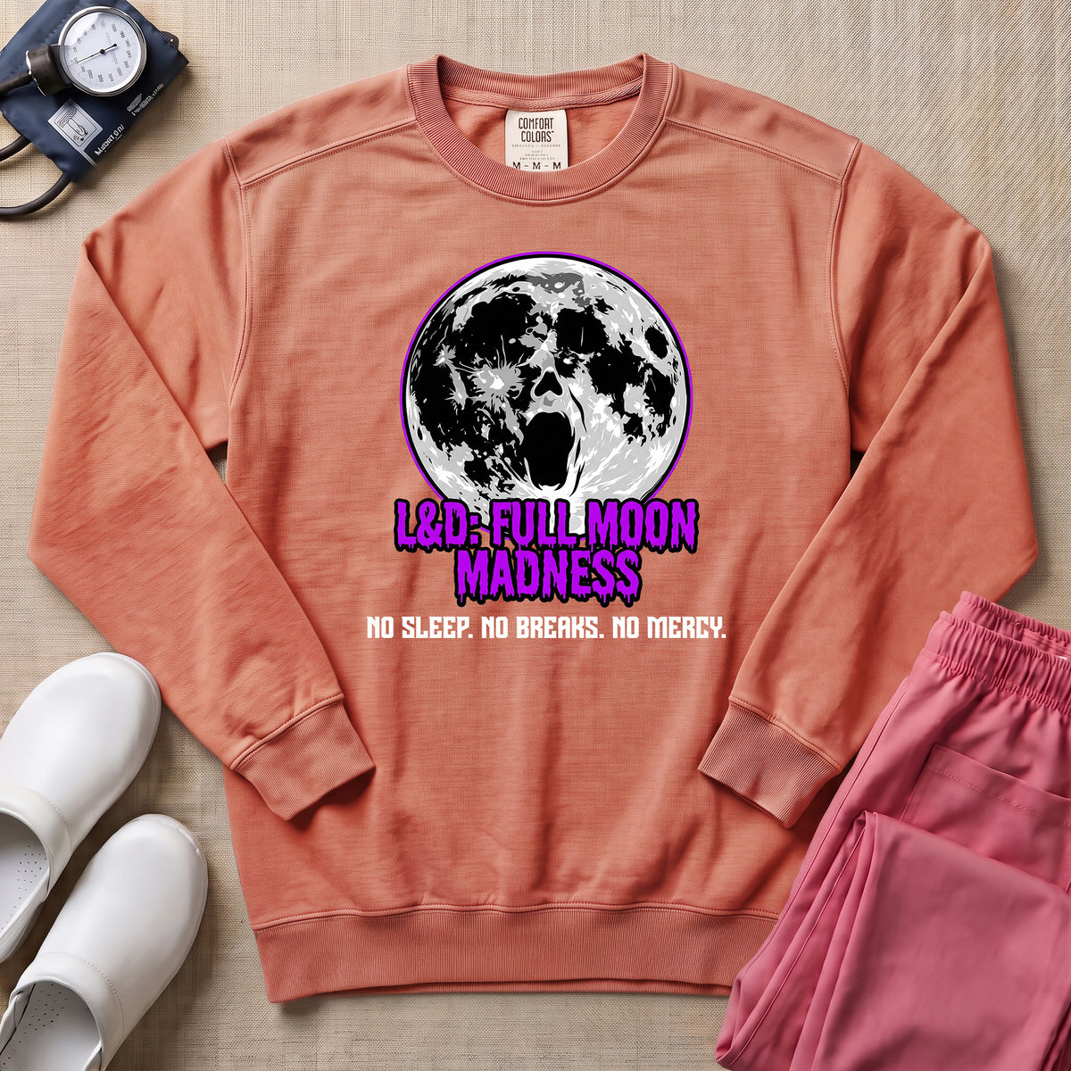 L&D Full Moon Madness Night Shift Nurse Sweatshirt - Terracotta Comfort Colors Sweatshirt | HugTee