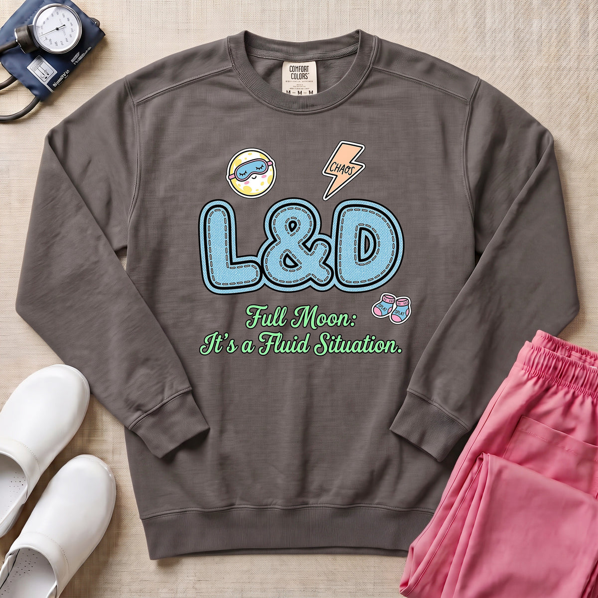 L&D Full Moon Fluid Situation Night Shift Nurse Sweatshirt - Pepper Lifestyle Hero Mockup | HugTee