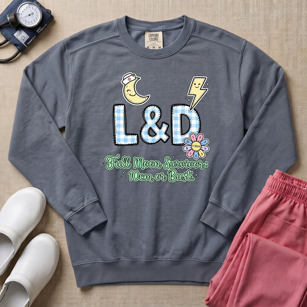 Funny Retro L&D Full Moon Energies Nurse Sweatshirt - Blue Jean Comfort Colors Sweatshirt | HugTee