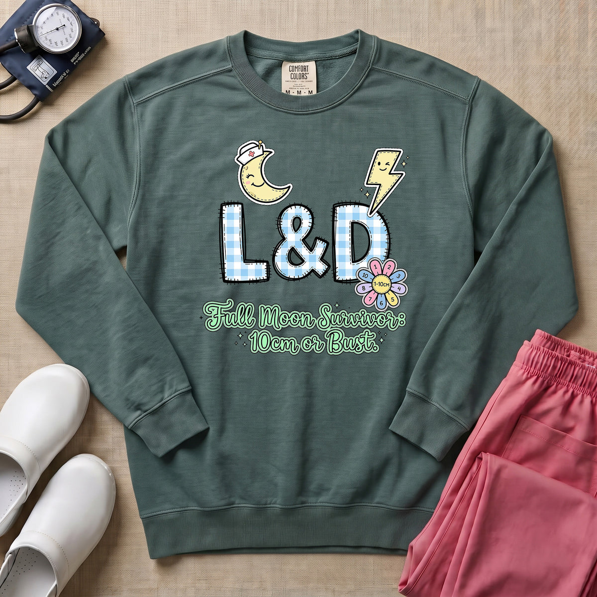 Funny Retro L&D Full Moon Energies Nurse Sweatshirt - Blue Spruce Comfort Colors Sweatshirt | HugTee