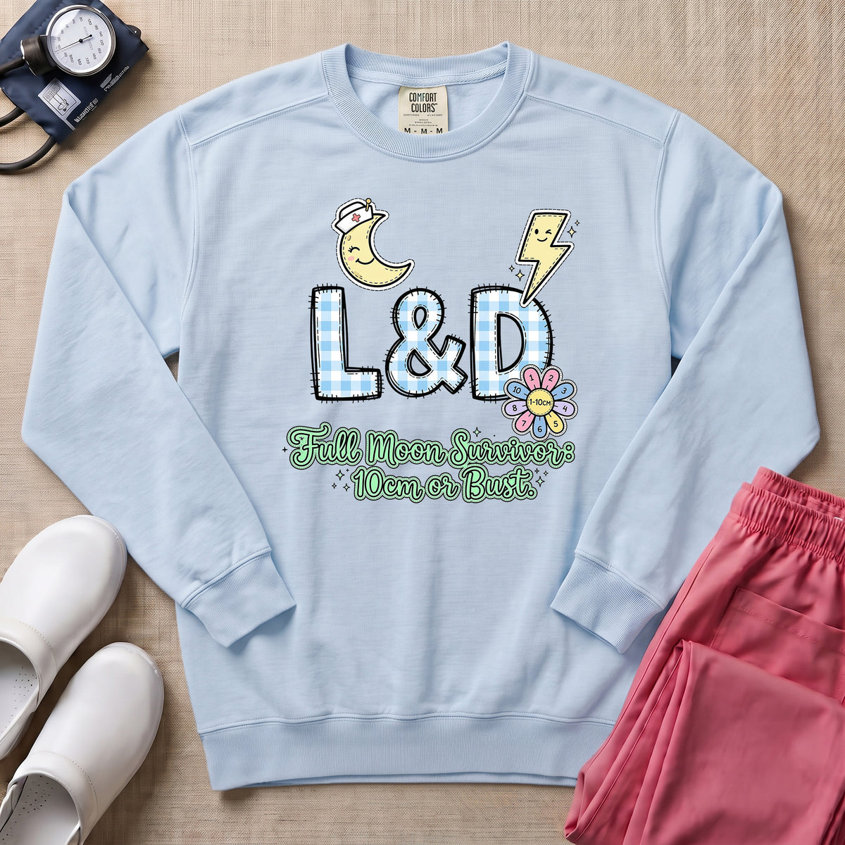 Funny Retro L&D Full Moon Energies Nurse Sweatshirt - Chambray Comfort Colors Sweatshirt | HugTee