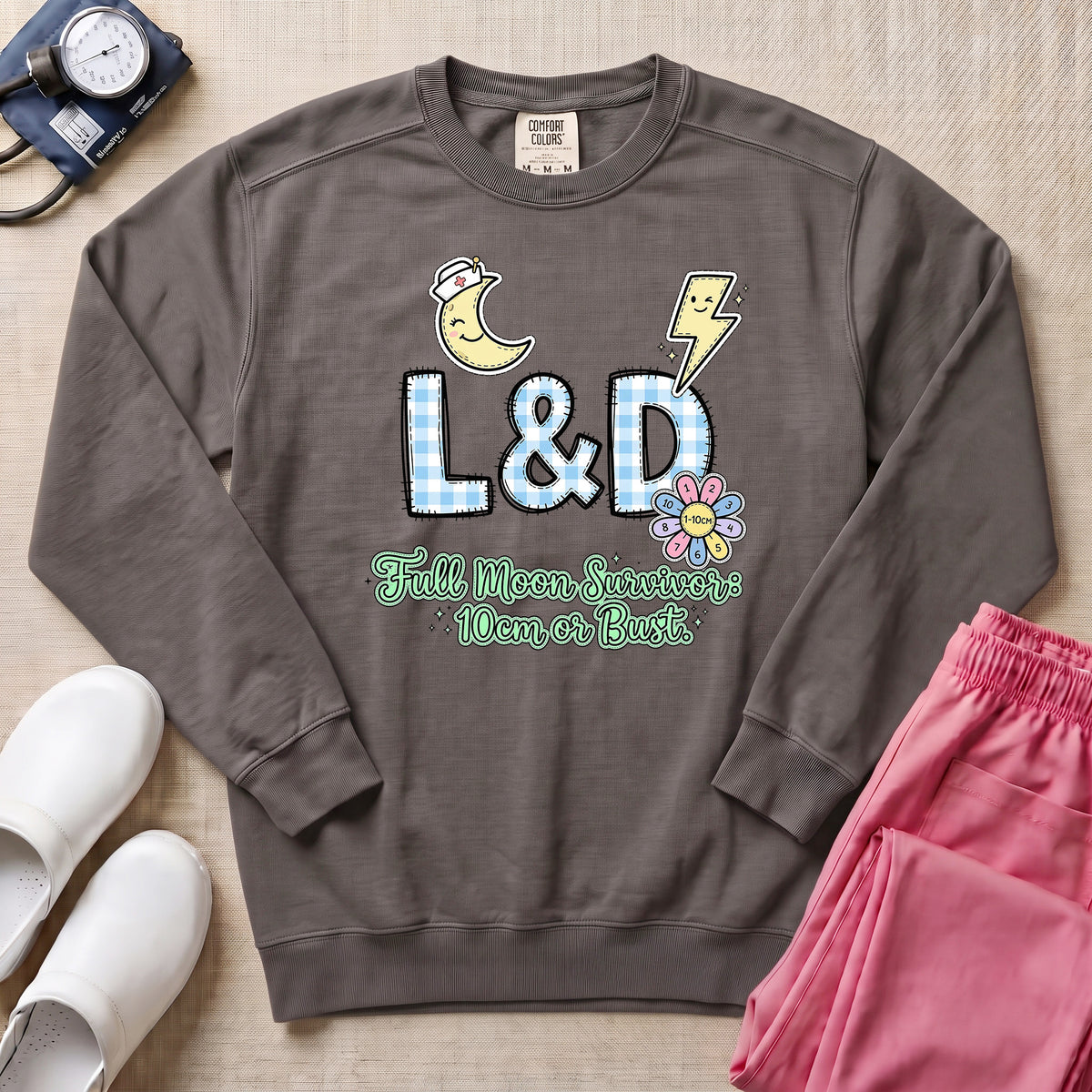 Funny Retro L&D Full Moon Energies Nurse Sweatshirt - Pepper Lifestyle Hero Mockup | HugTee