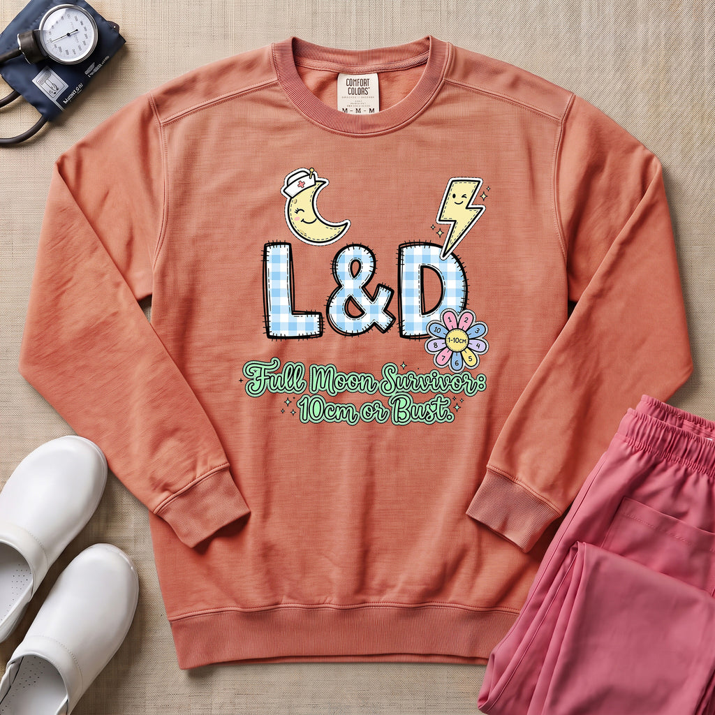 Funny Retro L&D Full Moon Energies Nurse Sweatshirt - Terracotta Comfort Colors Sweatshirt | HugTee