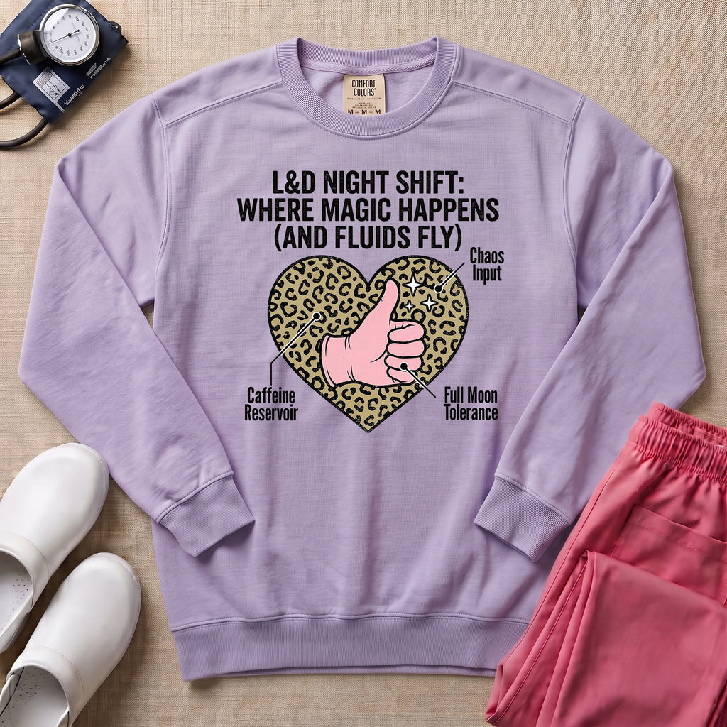 L&D Night Shift Where Magic Happens Funny Labor Delivery Nurse Sweatshirt - Orchid Comfort Colors Sweatshirt | HugTee