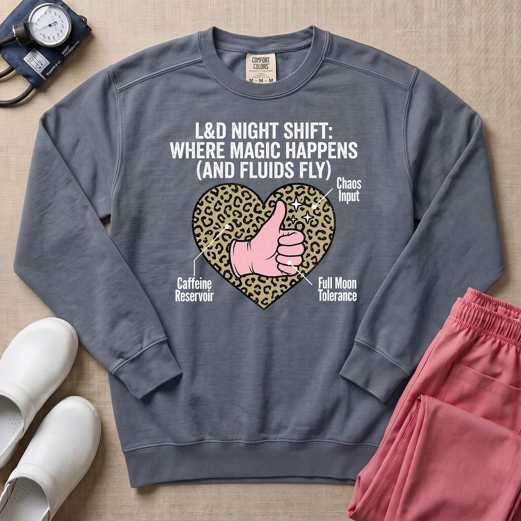 L&D Night Shift Where Magic Happens Funny Labor Delivery Nurse Sweatshirt - Blue Jean Comfort Colors Sweatshirt | HugTee