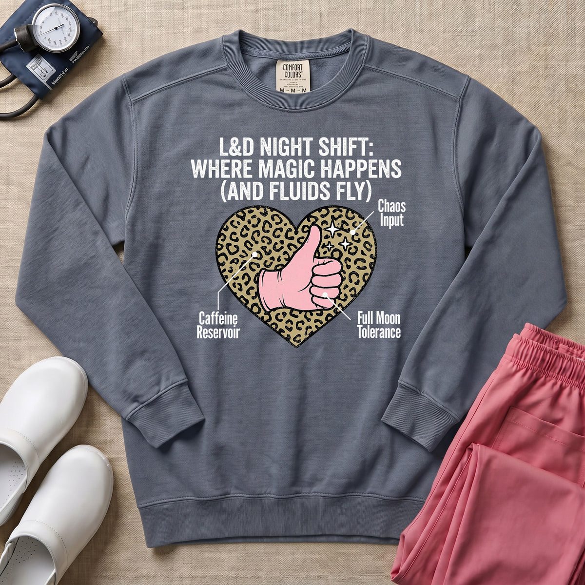 L&D Night Shift Where Magic Happens Funny Labor Delivery Nurse Sweatshirt - Blue Jean Comfort Colors Sweatshirt | HugTee