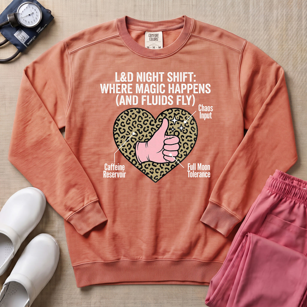 L&D Night Shift Where Magic Happens Funny Labor Delivery Nurse Sweatshirt - Terracotta Comfort Colors Sweatshirt | HugTee