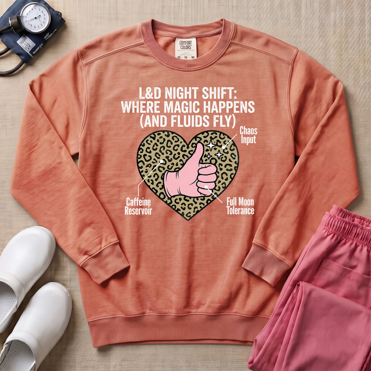 L&D Night Shift Where Magic Happens Funny Labor Delivery Nurse Sweatshirt - Terracotta Comfort Colors Sweatshirt | HugTee