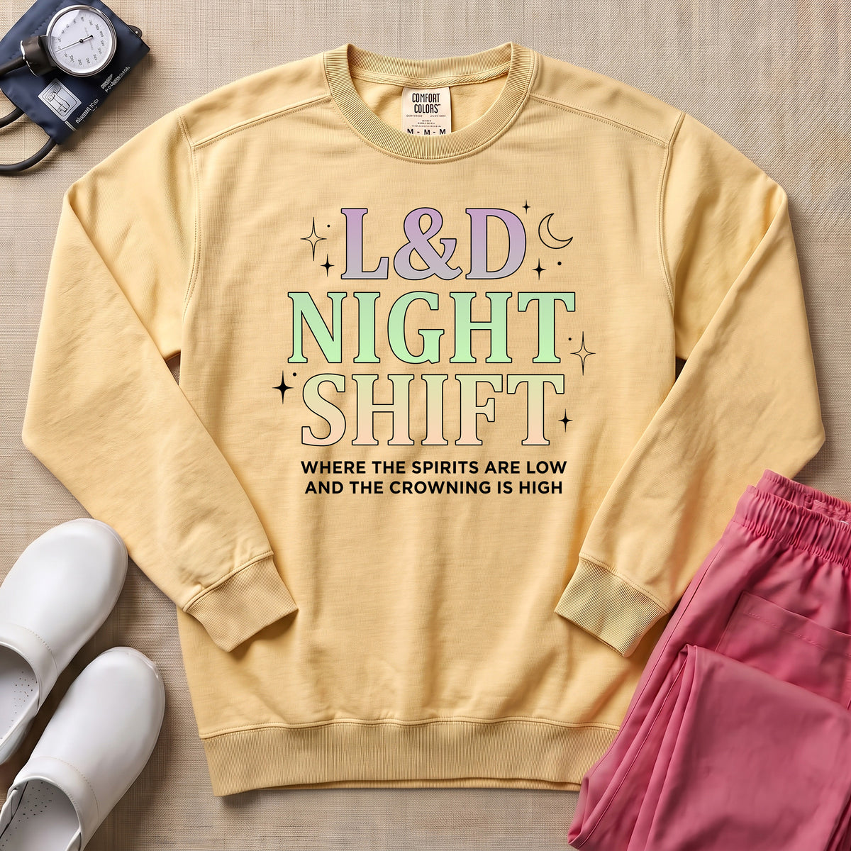 Funny Pastel L&D Night Shift Spirits Are Low Nurse Sweatshirt - Butter Comfort Colors Sweatshirt | HugTee