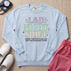 Funny Pastel L&D Night Shift Spirits Are Low Nurse Sweatshirt - Chambray Comfort Colors Sweatshirt | HugTee
