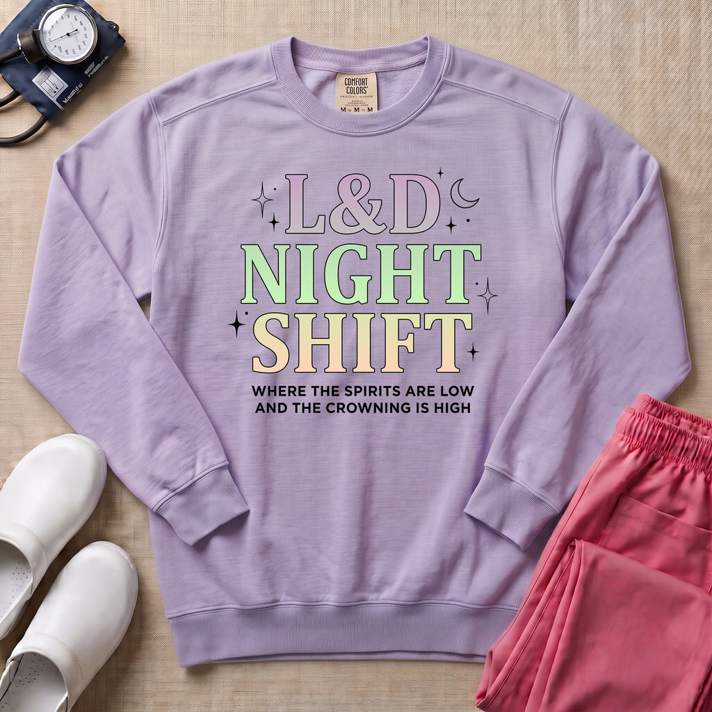 Funny Pastel L&D Night Shift Spirits Are Low Nurse Sweatshirt - Orchid Comfort Colors Sweatshirt | HugTee