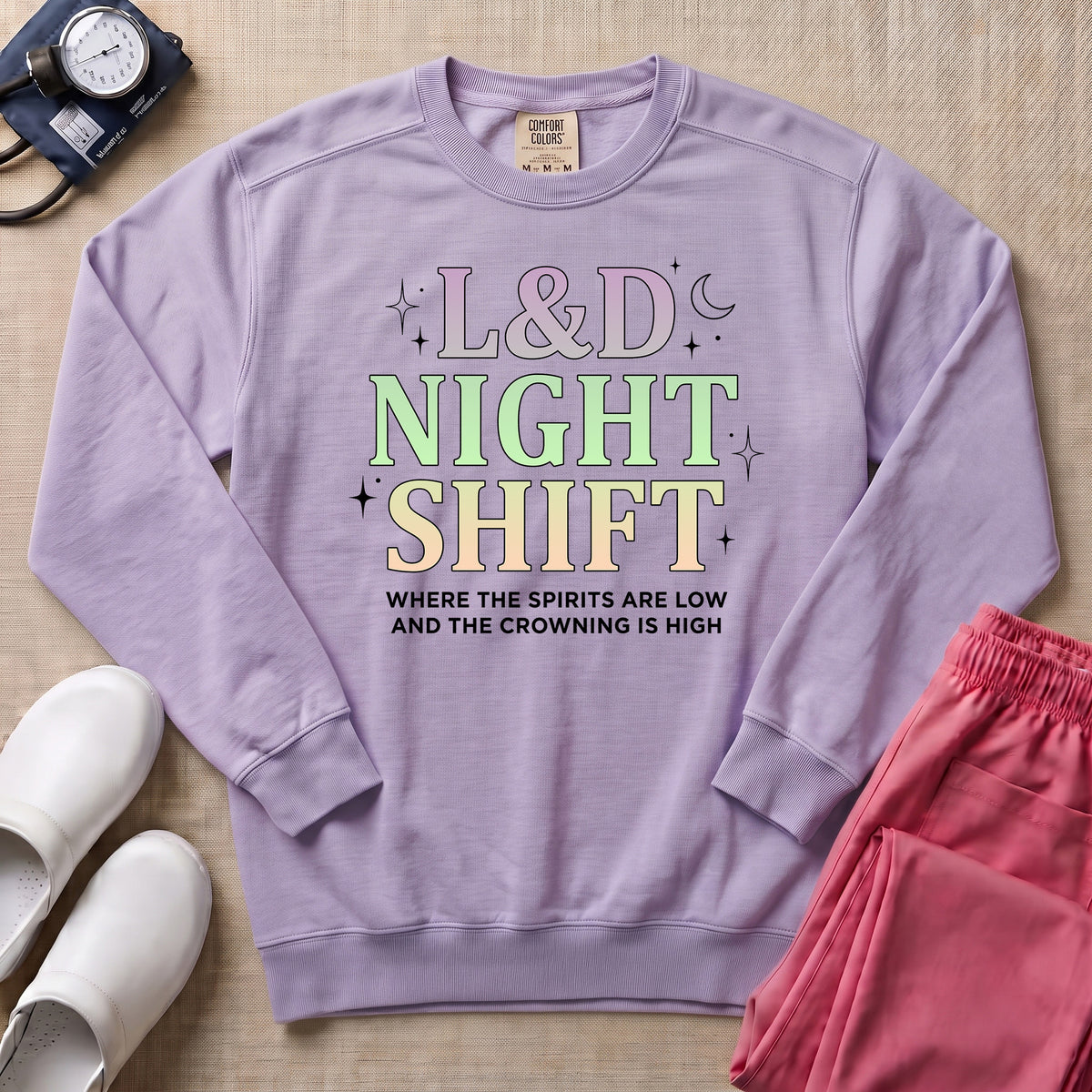 Funny Pastel L&D Night Shift Spirits Are Low Nurse Sweatshirt - Orchid Comfort Colors Sweatshirt | HugTee