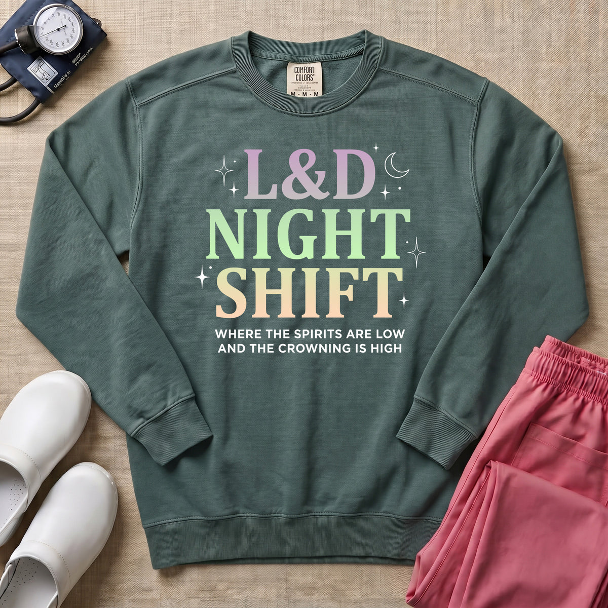 Funny Pastel L&D Night Shift Spirits Are Low Nurse Sweatshirt - Blue Spruce Comfort Colors Sweatshirt | HugTee