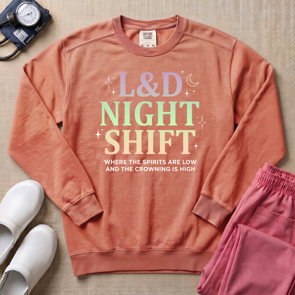 Funny Pastel L&D Night Shift Spirits Are Low Nurse Sweatshirt - Terracotta Comfort Colors Sweatshirt | HugTee