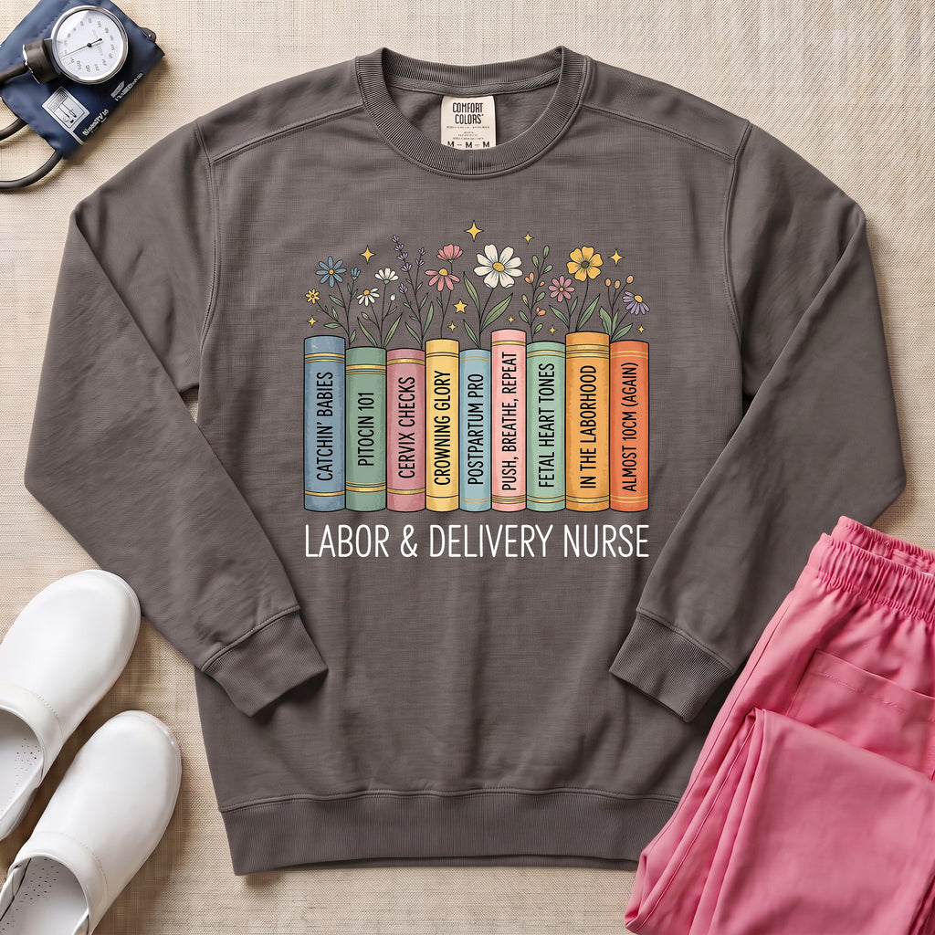 Labor & Delivery Nurse Boho Floral Books Sweatshirt - Pepper Lifestyle Hero Mockup | HugTee