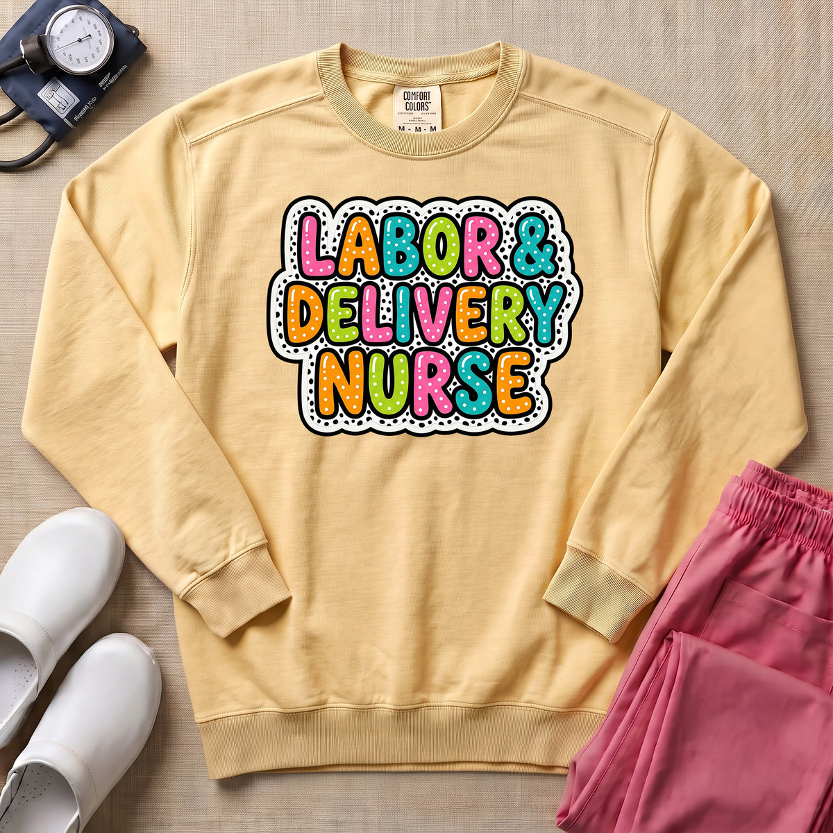 Colorful Bubble Letter Labor and Delivery Nurse Sweatshirt - Butter Comfort Colors Sweatshirt | HugTee