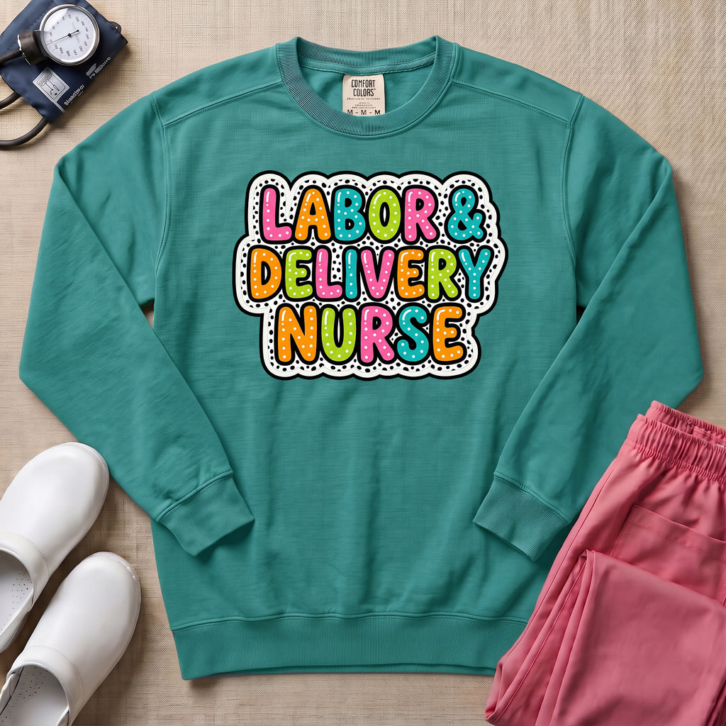 Colorful Bubble Letter Labor and Delivery Nurse Sweatshirt - Seafoam Comfort Colors Sweatshirt | HugTee