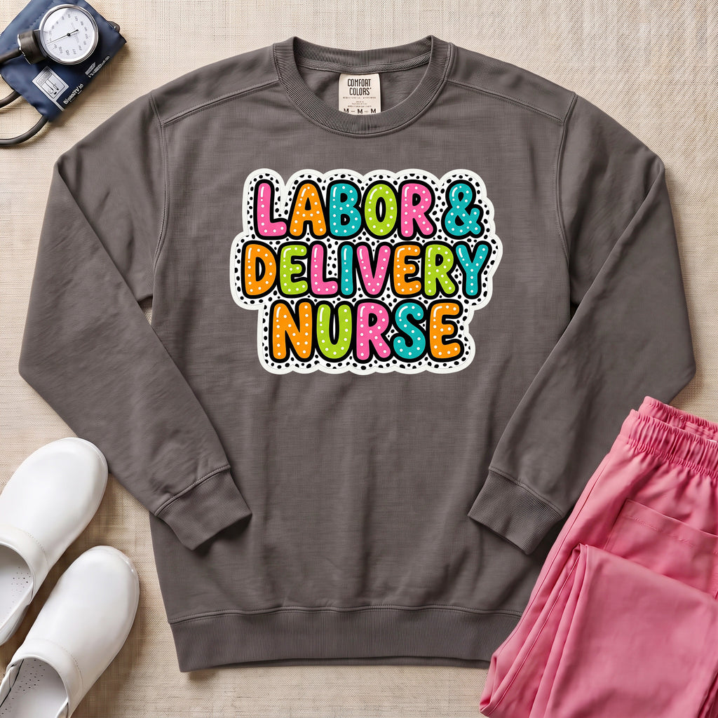 Colorful Bubble Letter Labor and Delivery Nurse Sweatshirt - Pepper Lifestyle Hero Mockup | HugTee