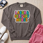Colorful Bubble Letter Labor and Delivery Nurse Sweatshirt - Pepper Lifestyle Hero Mockup | HugTee
