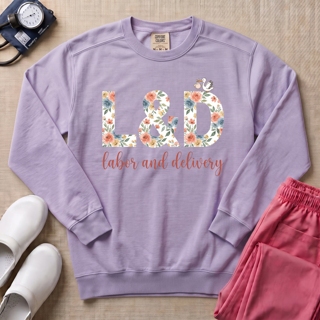Boho Floral L&D Labor and Delivery Nurse Sweatshirt - Orchid Comfort Colors Sweatshirt | HugTee