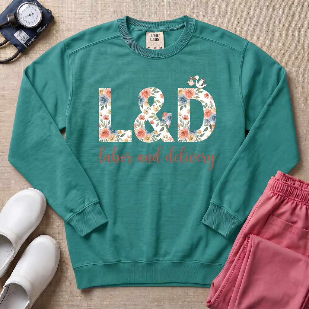 Boho Floral L&D Labor and Delivery Nurse Sweatshirt - Seafoam Comfort Colors Sweatshirt | HugTee