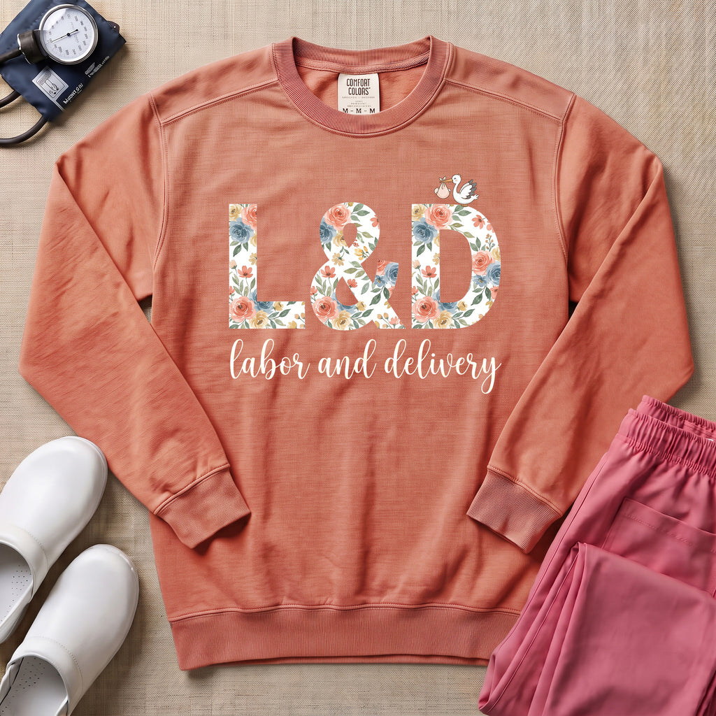 Boho Floral L&D Labor and Delivery Nurse Sweatshirt - Terracotta Comfort Colors Sweatshirt | HugTee