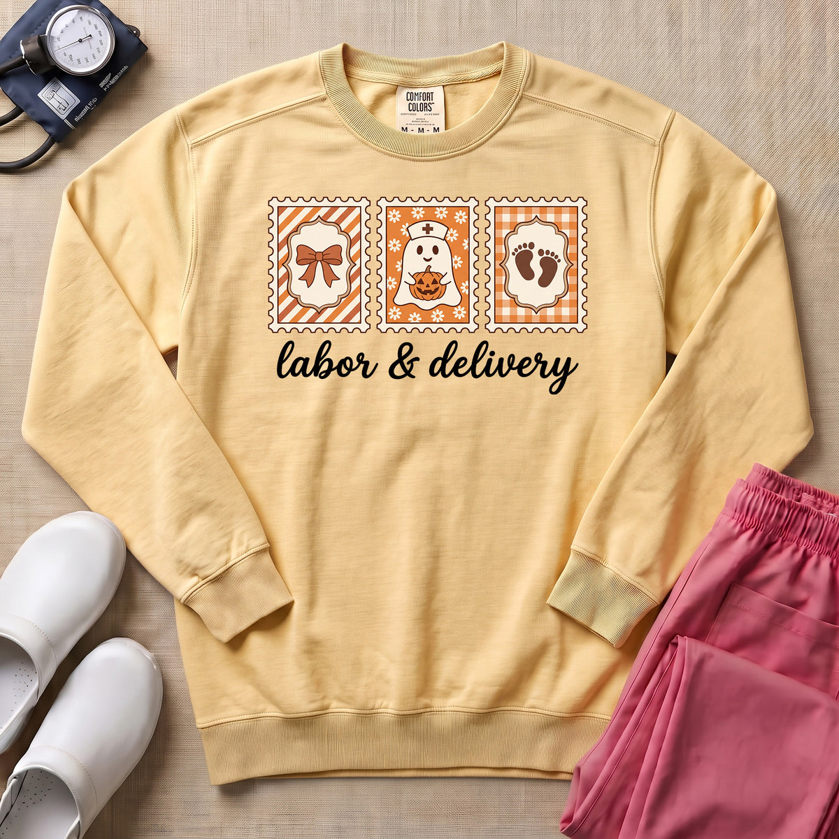 Retro Postage Stamp Nurse Ghost Labor and Delivery Halloween Sweatshirt - Butter Comfort Colors Sweatshirt | HugTee