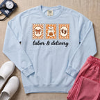Retro Postage Stamp Nurse Ghost Labor and Delivery Halloween Sweatshirt - Chambray Comfort Colors Sweatshirt | HugTee