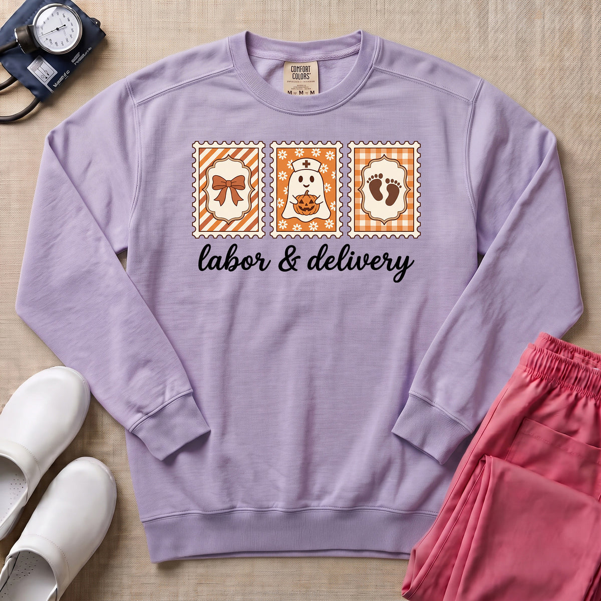 Retro Postage Stamp Nurse Ghost Labor and Delivery Halloween Sweatshirt - Orchid Comfort Colors Sweatshirt | HugTee