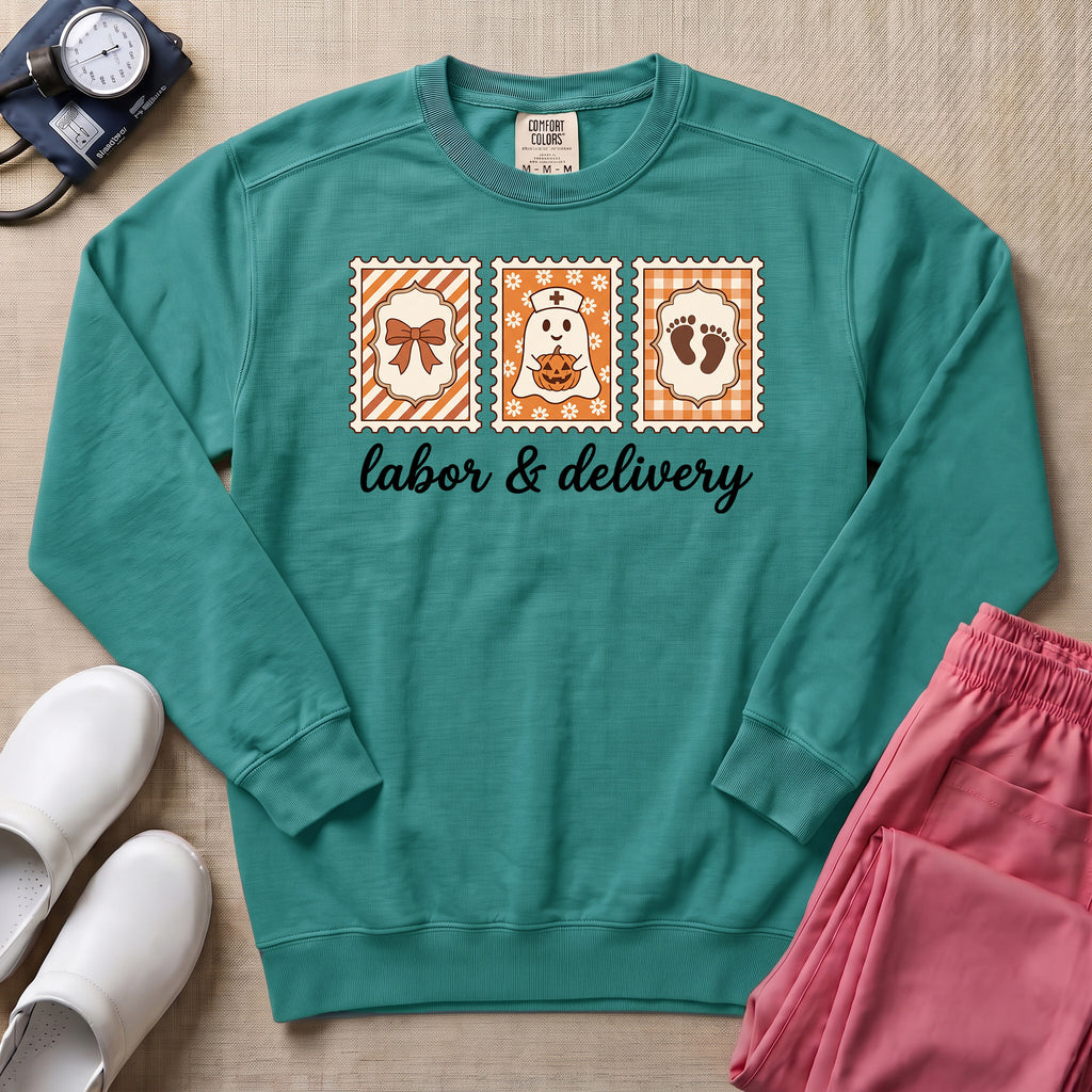 Retro Postage Stamp Nurse Ghost Labor and Delivery Halloween Sweatshirt - Seafoam Comfort Colors Sweatshirt | HugTee