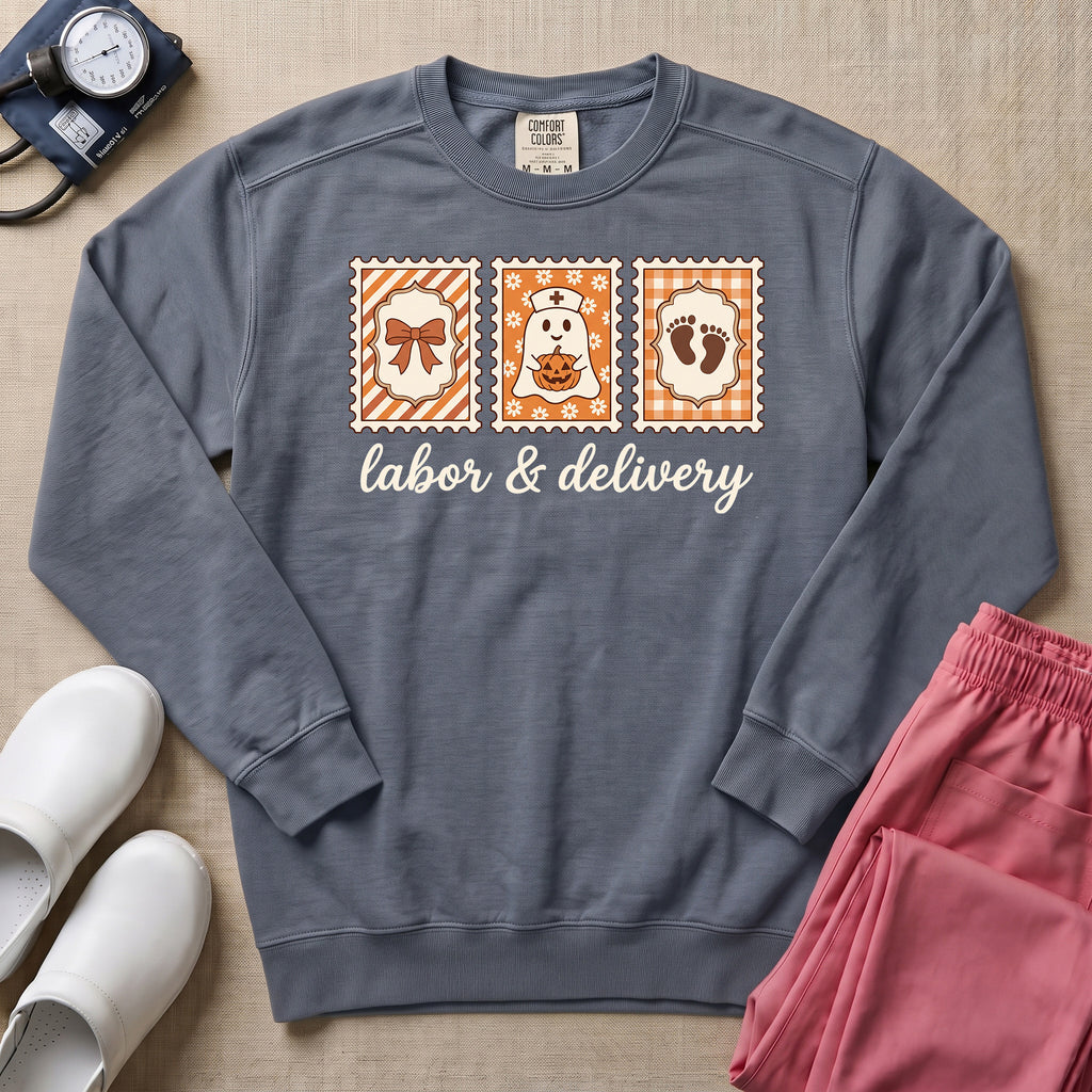Retro Postage Stamp Nurse Ghost Labor and Delivery Halloween Sweatshirt - Blue Jean Comfort Colors Sweatshirt | HugTee