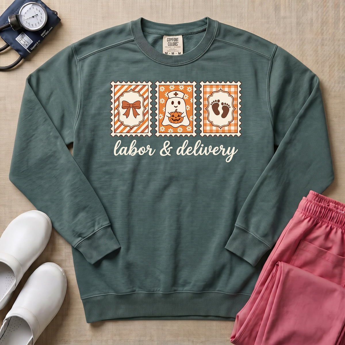 Retro Postage Stamp Nurse Ghost Labor and Delivery Halloween Sweatshirt - Blue Spruce Comfort Colors Sweatshirt | HugTee