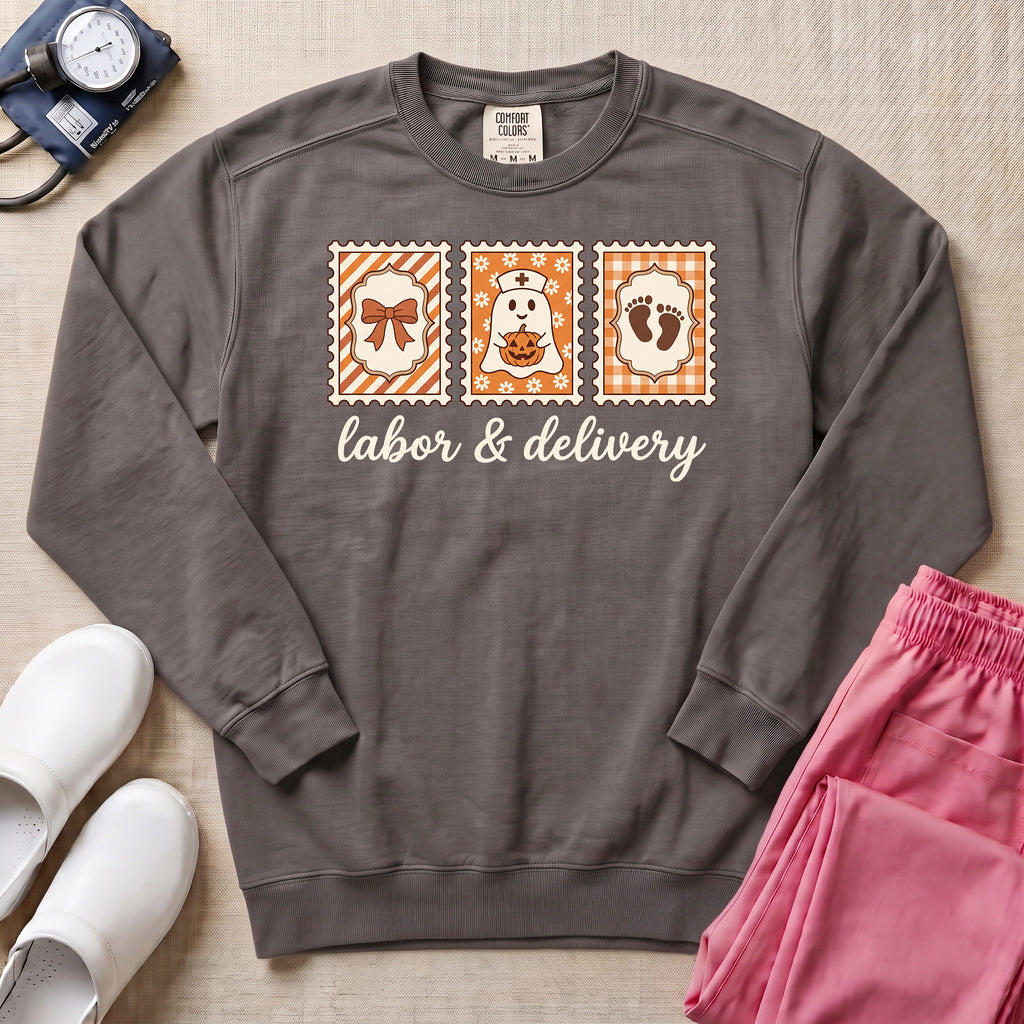 Retro Postage Stamp Nurse Ghost Labor and Delivery Halloween Sweatshirt - Pepper Lifestyle Hero Mockup | HugTee