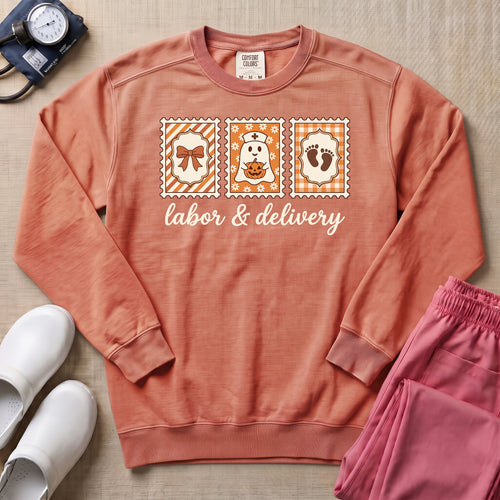 Retro Postage Stamp Nurse Ghost Labor and Delivery Halloween Sweatshirt